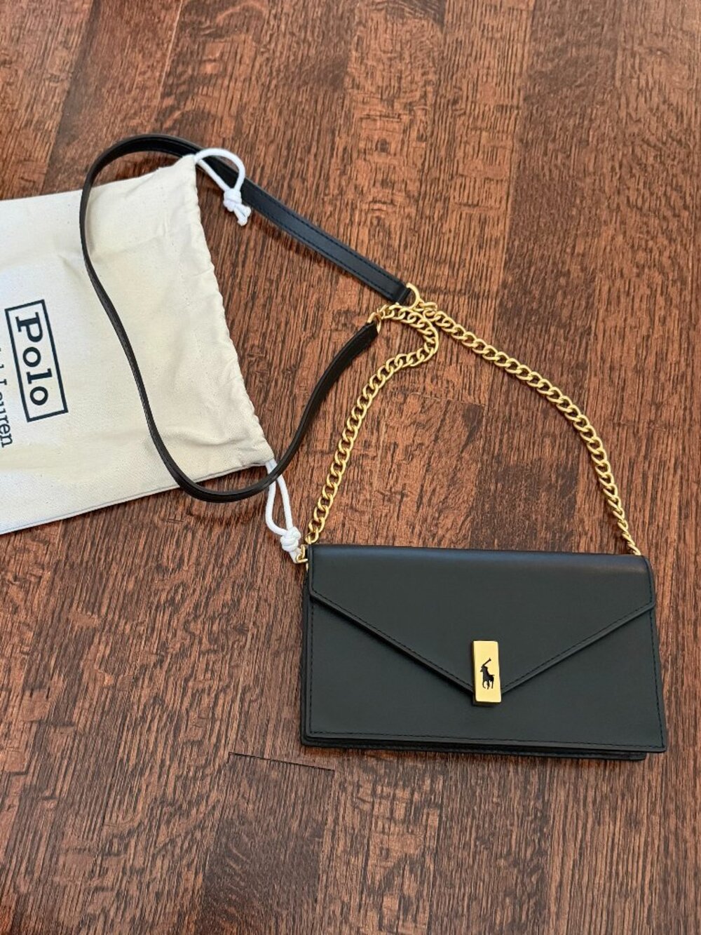 NWT Polo Ralph Lauren Polo ID Leather Chain Wallet Crossbody Black
